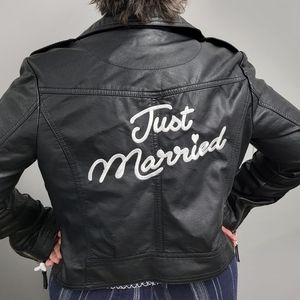 DAVID'S BRIDAL "Just Married" embroidered vegan leather moto jacket